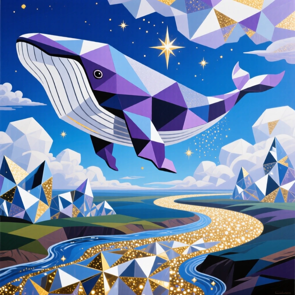 A magical scene of a sky whale drifting through clouds beside a river of shimmering stardust.