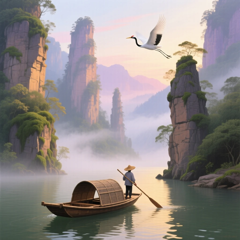 A misty river gorge in Zhangjiajie shows towering sandstone pillars rising from the water, a small wooden ferry crossing between the cliffs under soft morning light, the silence broken only occasionally by the call of a bird crossing the open sky.