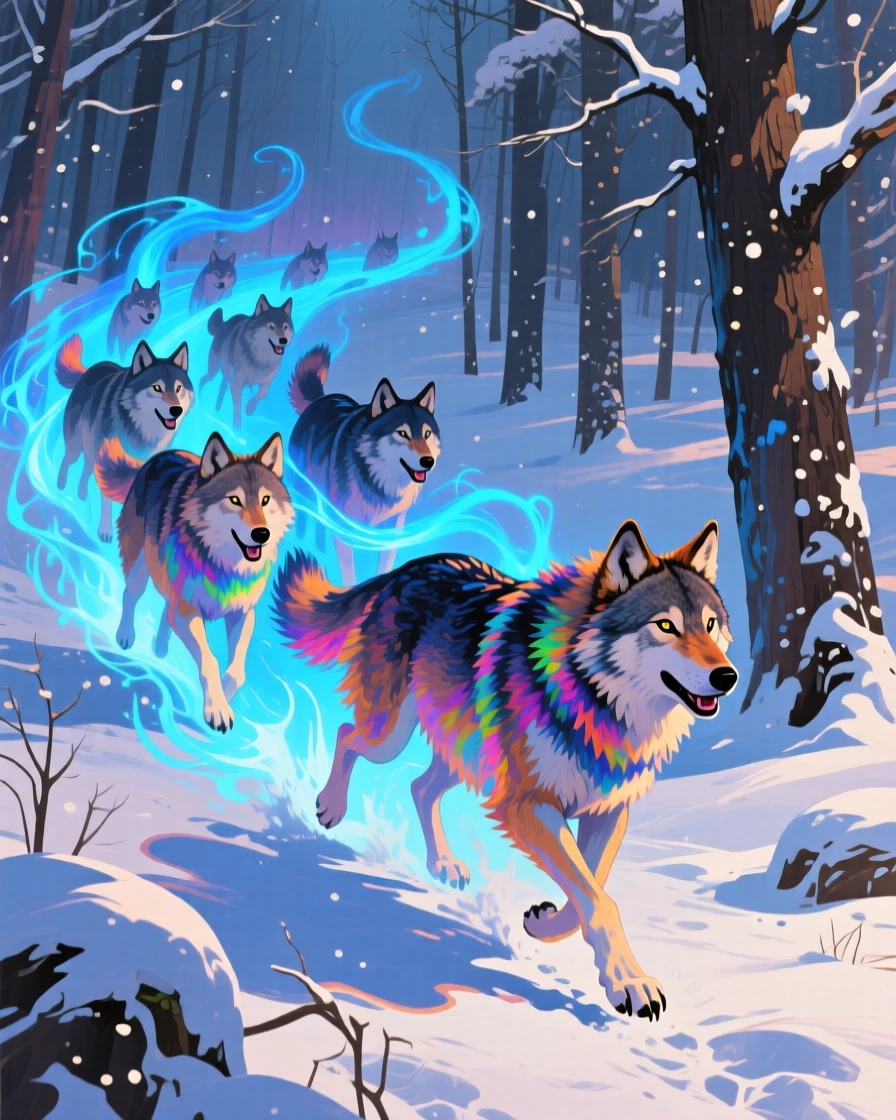 A pack of spectral wolves running through a snowy forest, trailing wisps of blue magical light