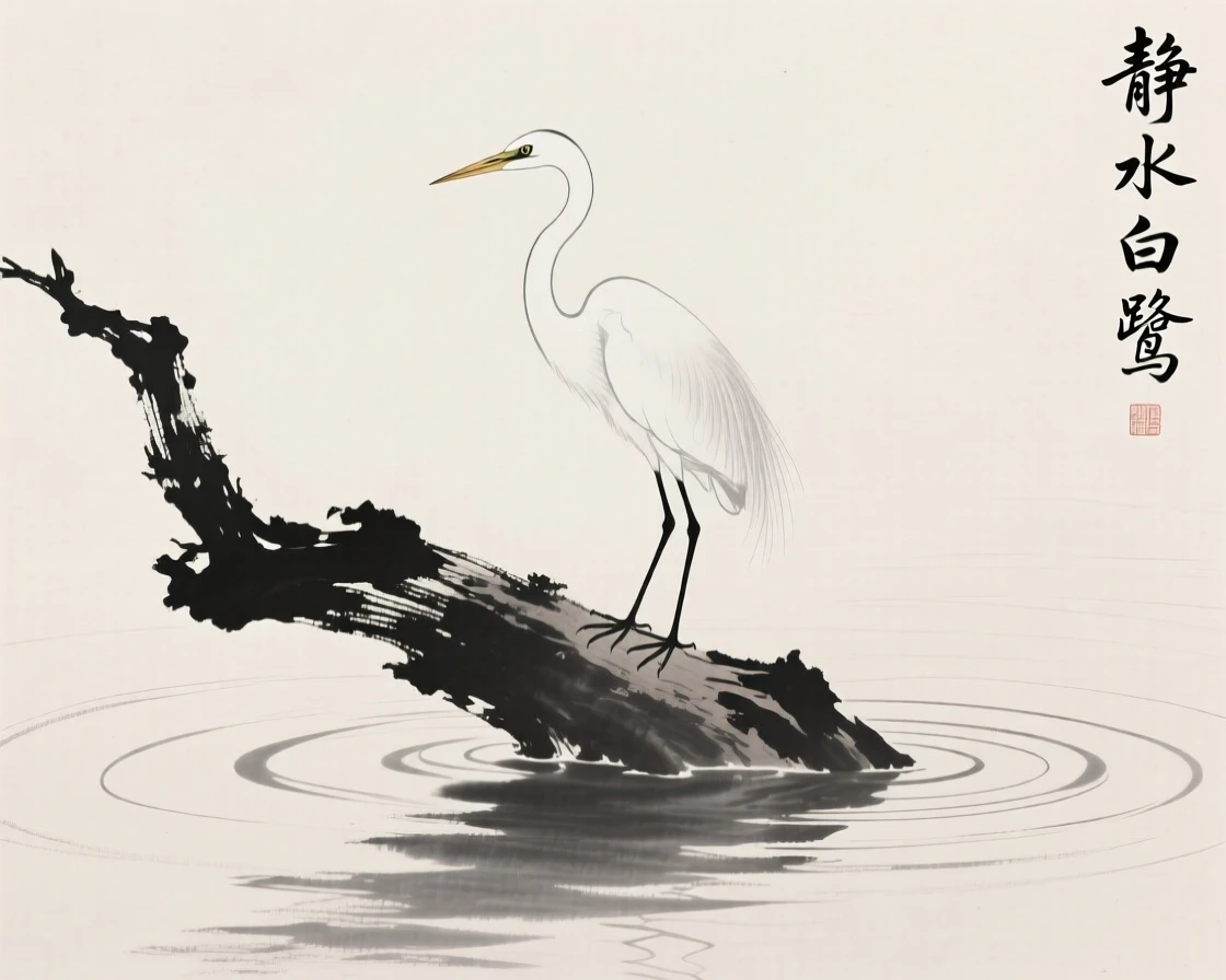 An egret perches motionless on a half-submerged log, as ripples spread slowly across the water.