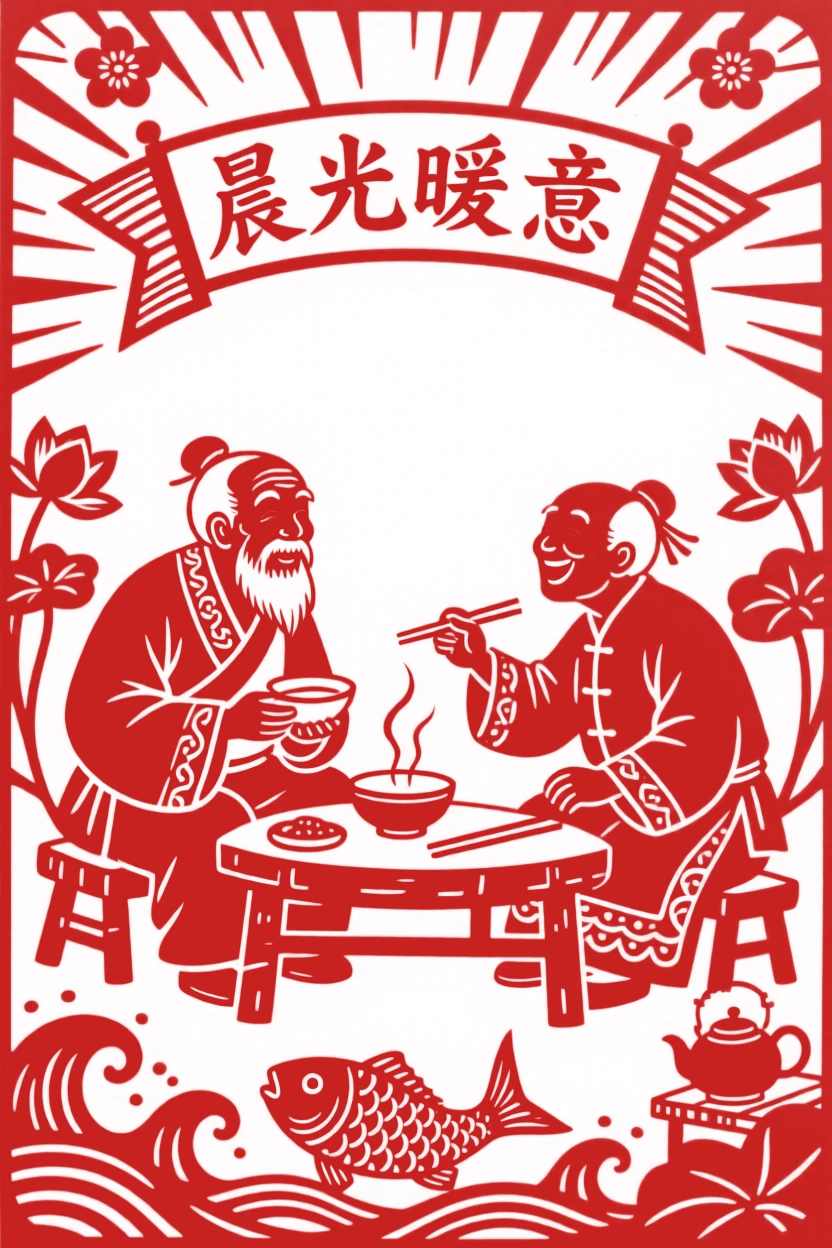 An old fisherman, sharing a quiet laugh over breakfast, in radiating warmth and everyday tenderness.