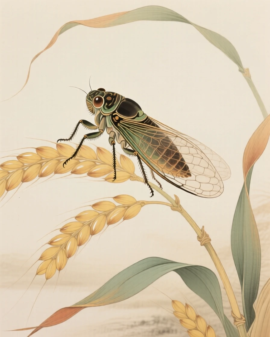 A cicada perched on a stalk of ripening wheat