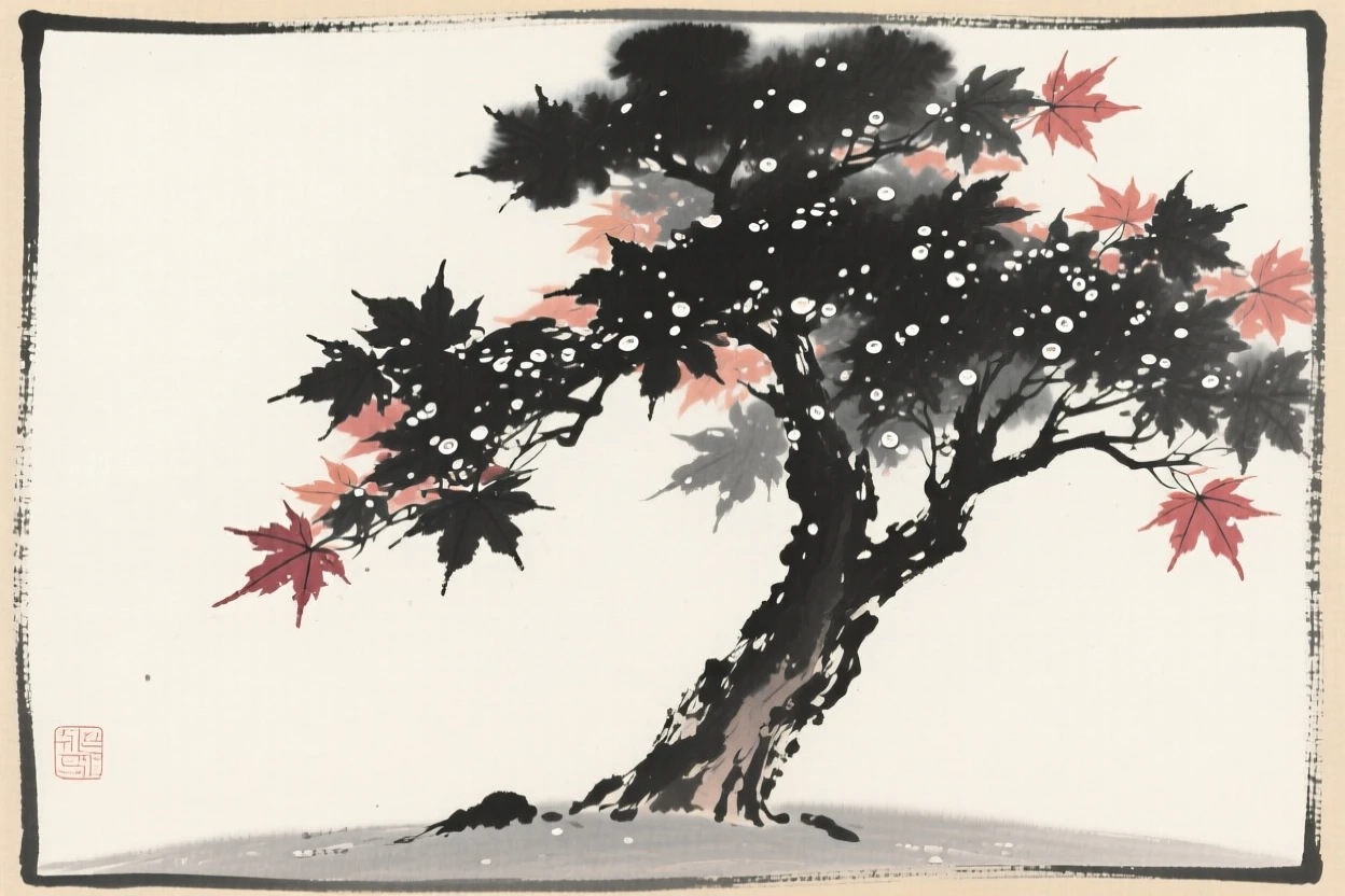A solitary maple tree in full color beneath a light dusting of morning dew, framed asymmetrically for quiet visual balance, suggesting patience, resilience, and quiet strength.