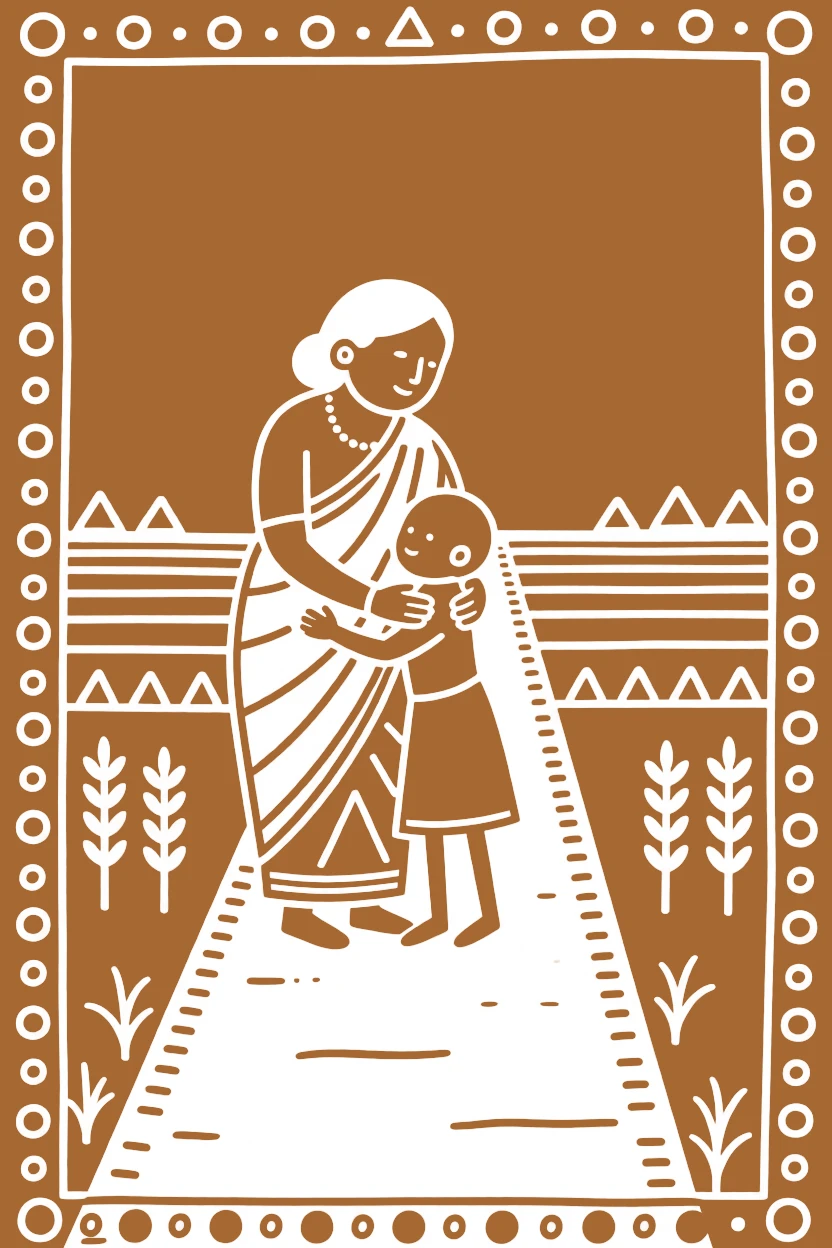 A grandmother embracing after a long separation along a path leading to the fields.