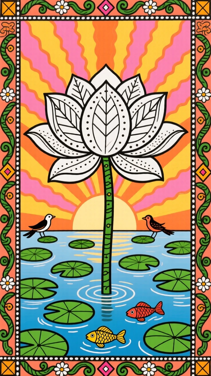 A single white lotus rising above scattered green pads at dawn.
