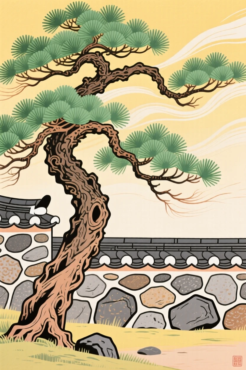 A pine tree twisted by mountain wind beside a stone garden wall.