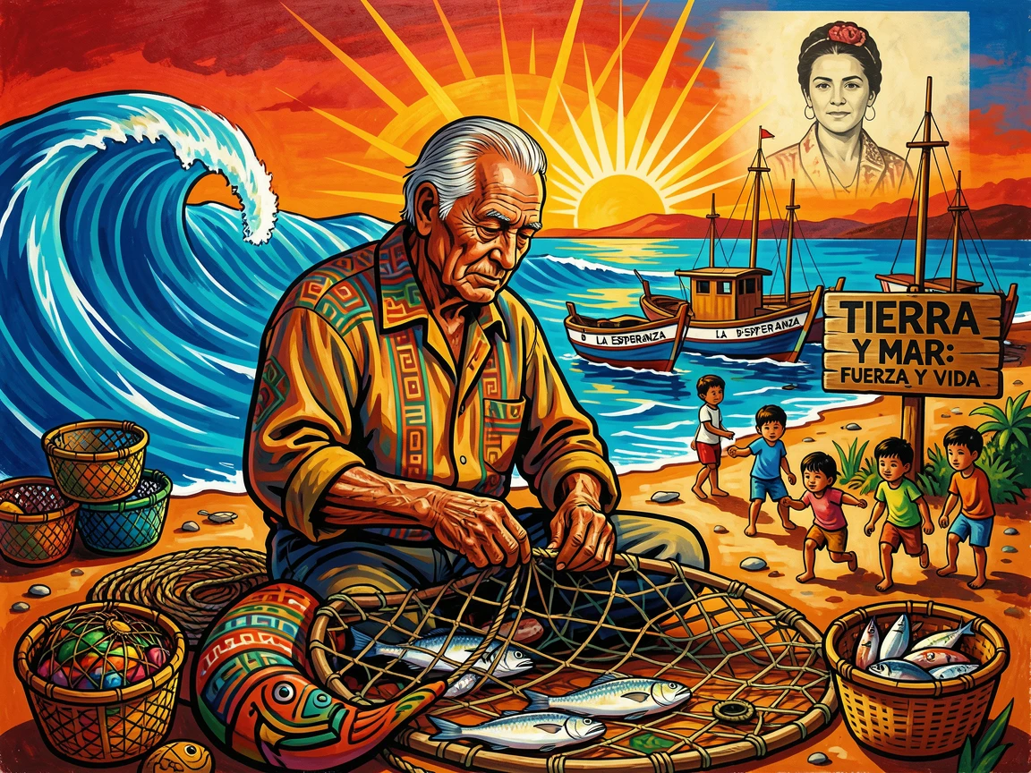 An elder fisherman mending his nets by the shore at dawn