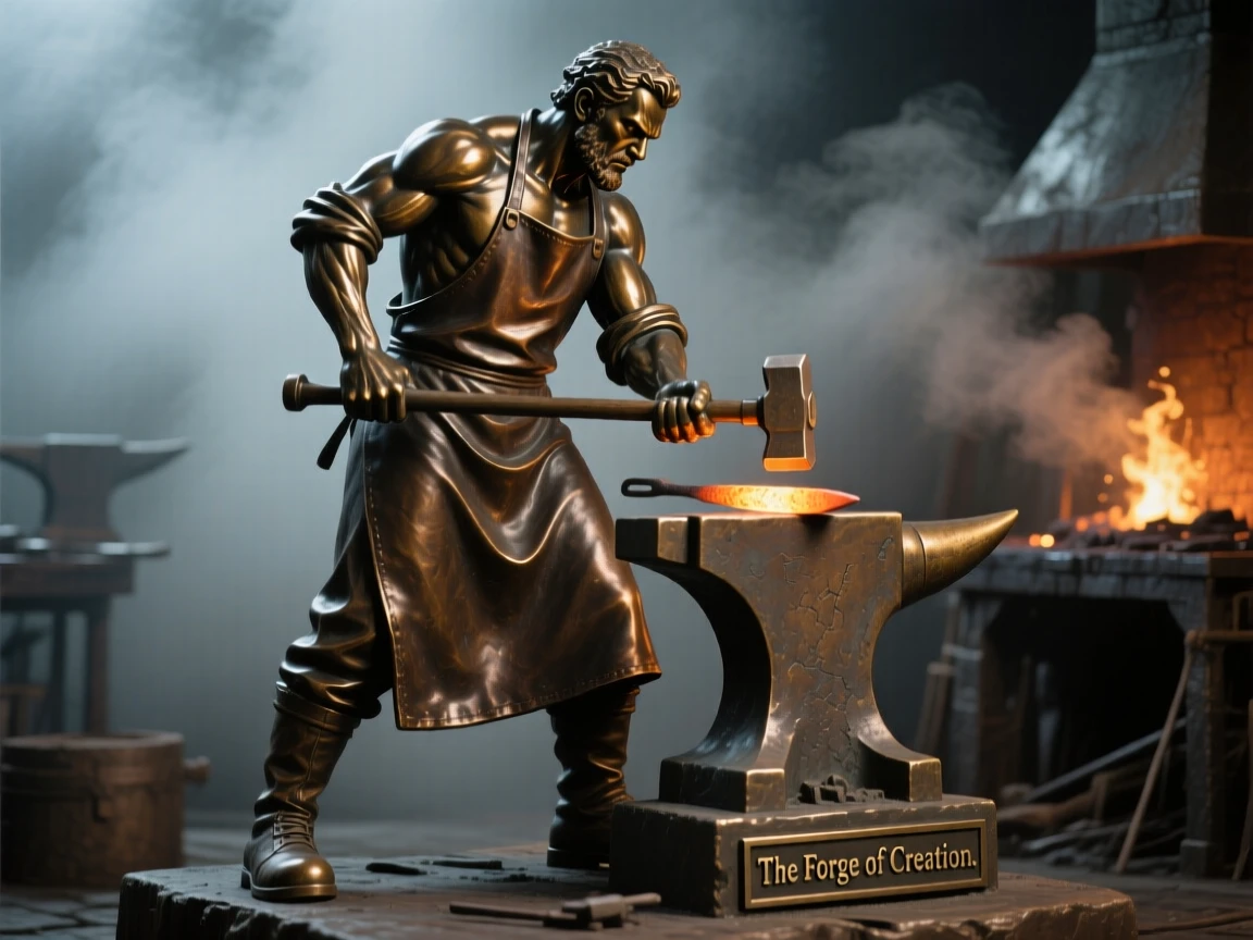 A blacksmith at his forge, framed by an atmospheric, misty backdrop, forming a strong central focal point