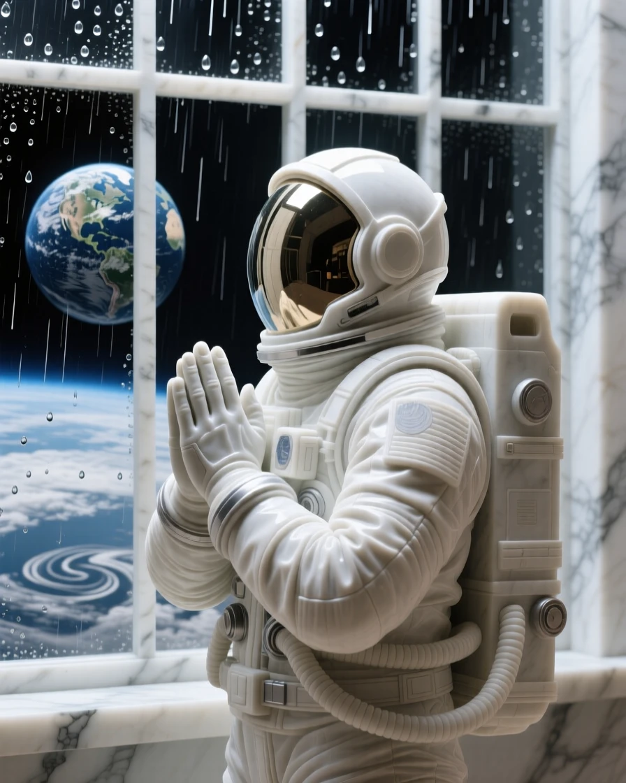 A tender portrait of an astronaut looking back at Earth, with hands clasped in prayer, with a rain-streaked window behind them, evoking warmth and humanity