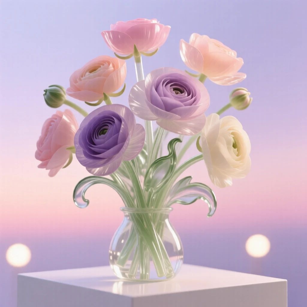 A bouquet of pastel ranunculus swaying gently in a light breeze under a pastel sky at dusk, dreamy and peaceful atmosphere.