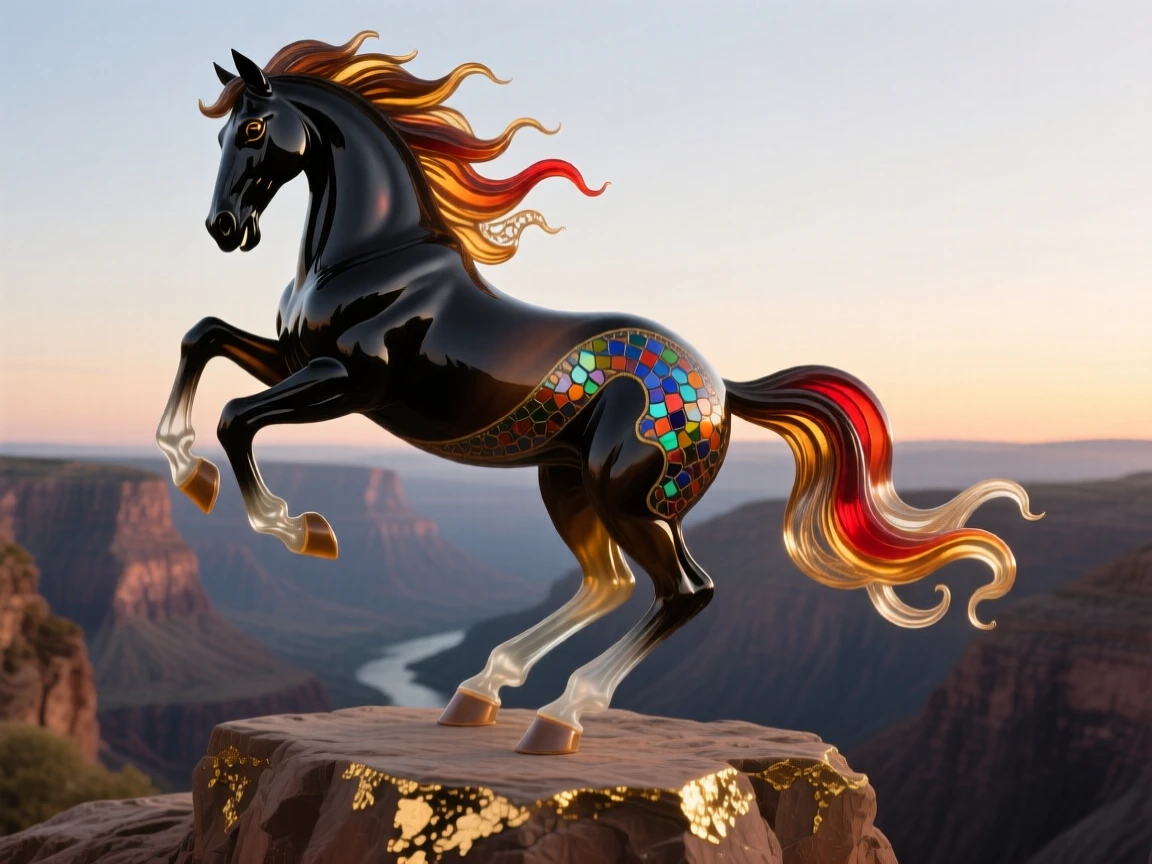 A wild mustang rearing on a cliff edge overlooking a canyon at dawn, powerful and iconic.