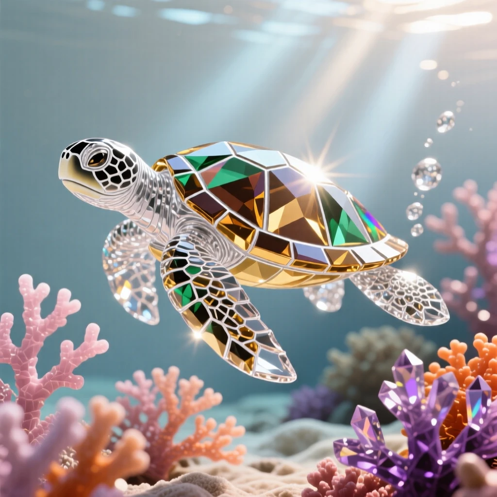 A sea turtle gliding gracefully through a sunbeam-lit coral reef.