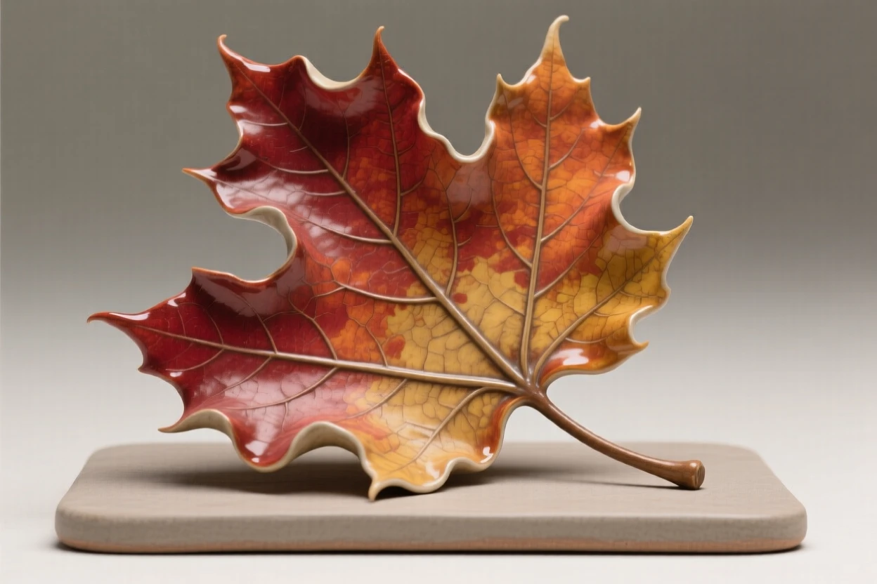 A maple leaf caught mid-fall arranged as if freshly gathered, its edges delicately curled and textured, conveying the quiet poetry of the natural world.