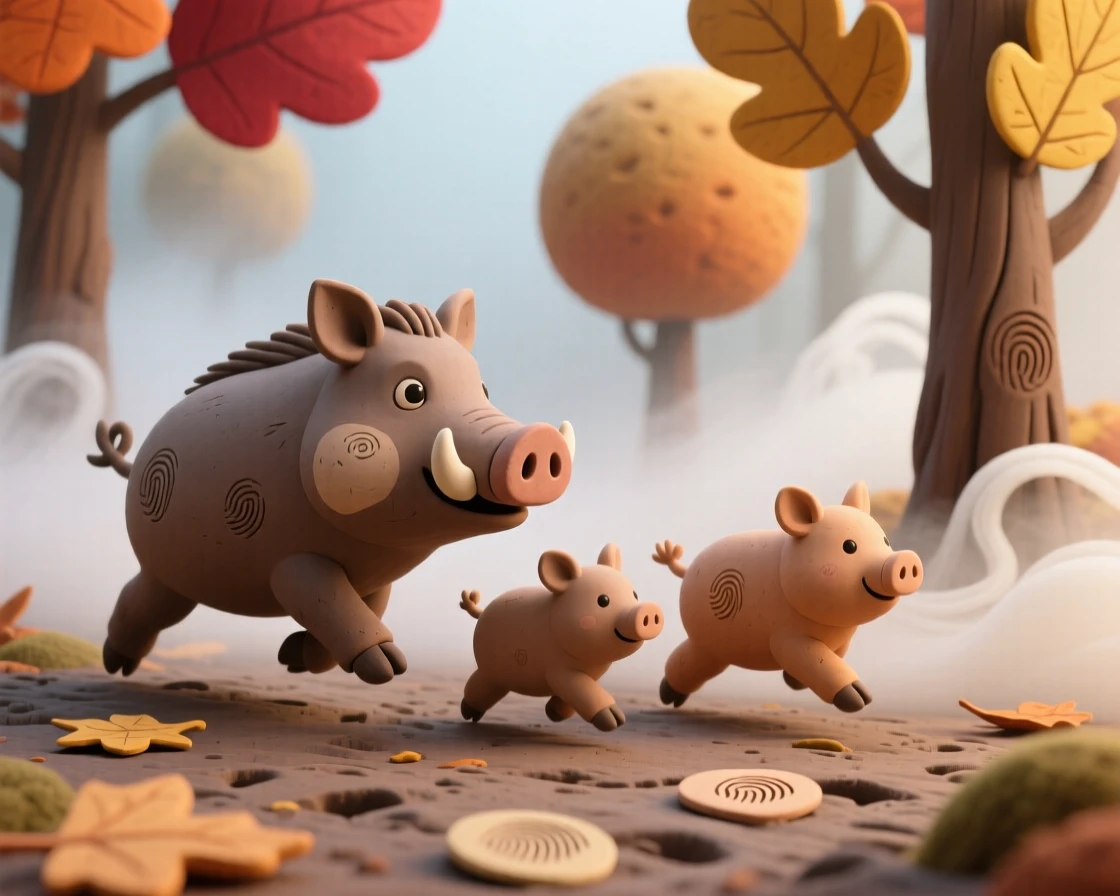 A wild boar family trotting through a misty autumn forest
