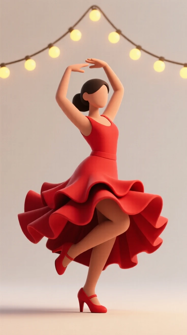 A proud flamenco dancer stamps her heels sharply, ruffled red dress swirling beneath the glow of Spanish string lights.