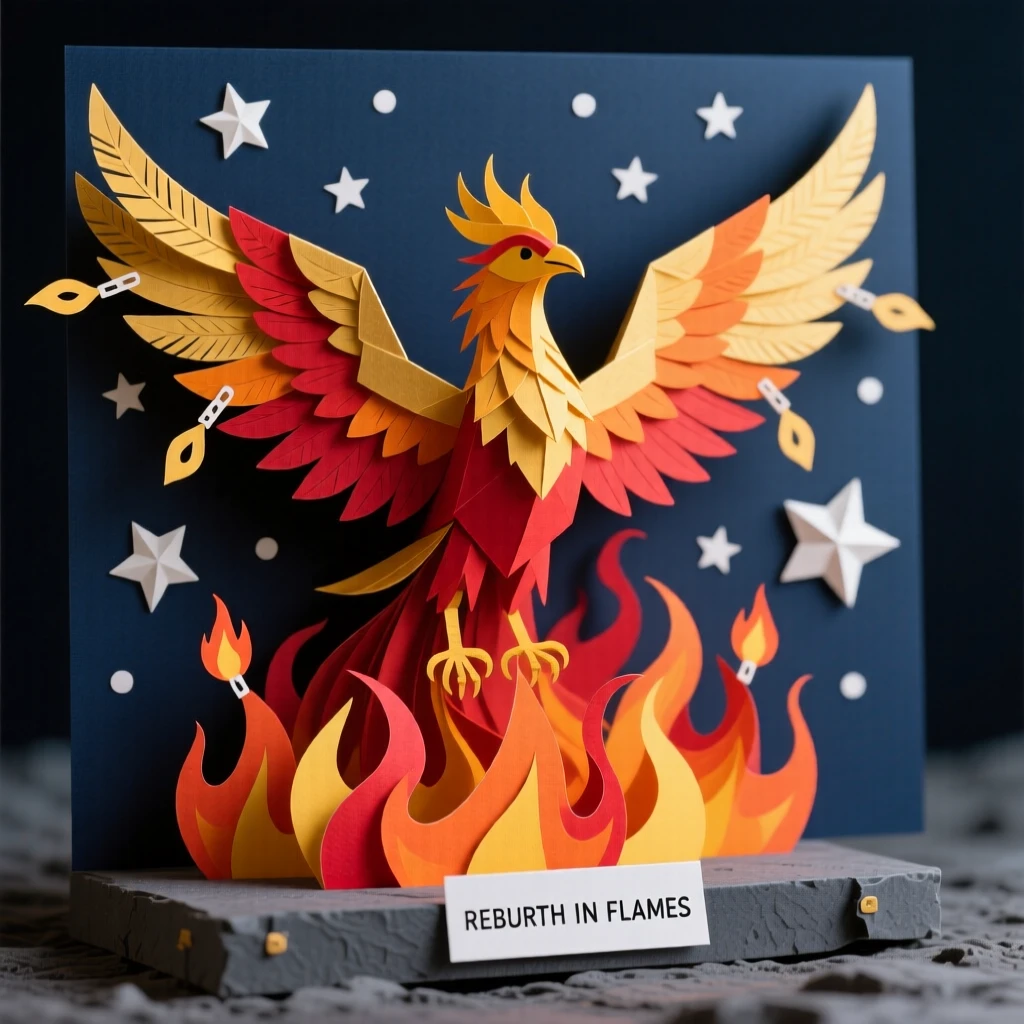 A phoenix rising from swirling flames against a night sky, its wings trailing golden embers, capturing rebirth and dramatic transformation.