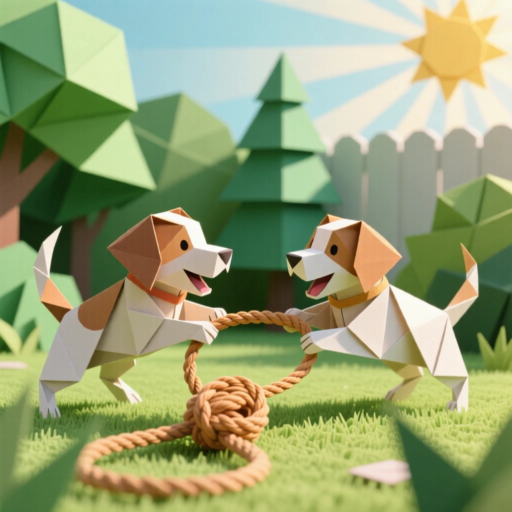 A pair of playful puppies tugging opposite ends of a rope toy in a sunny backyard.