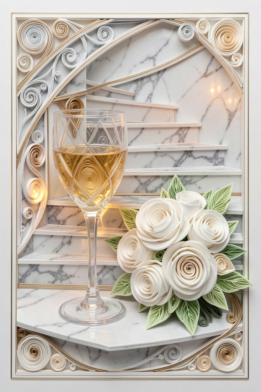 A sophisticated luxury scene of a champagne coupe beside a bouquet of white roses beside a sweeping marble staircase, with soft candlelight reflecting off polished surfaces, framed with a clean, minimal, high-end aesthetic.