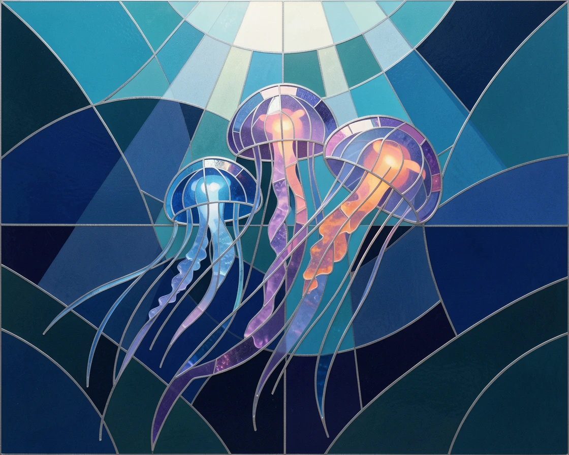 A vivid underwater scene of a jellyfish bloom drifting gracefully through deep ocean water, rich in color and serene movement.