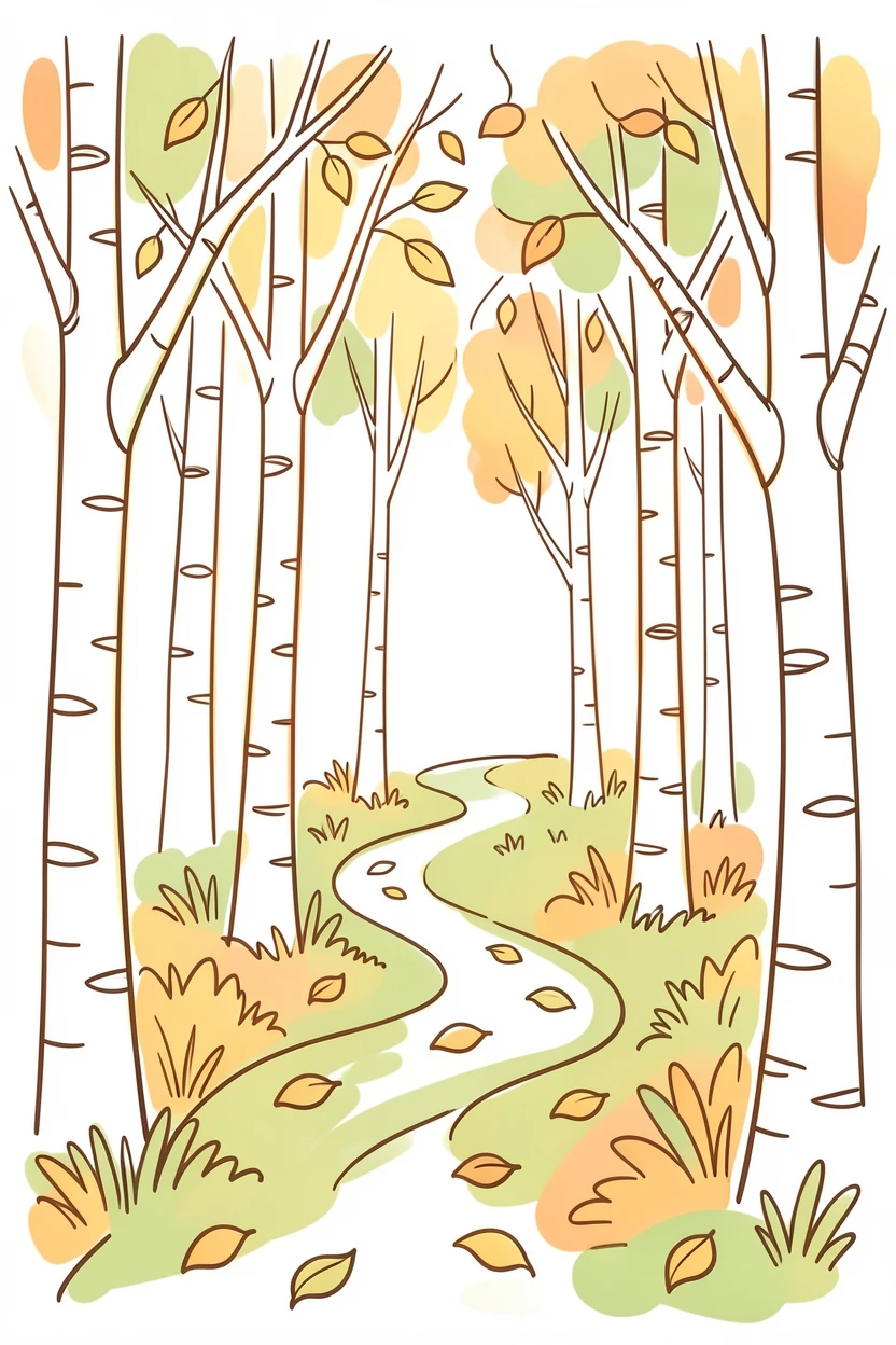 A birch forest in autumn with golden leaves scattered across a mossy path.