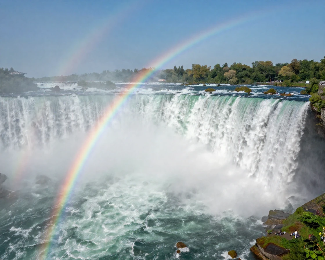 Niagara Falls thundering with a rainbow arching over the mist