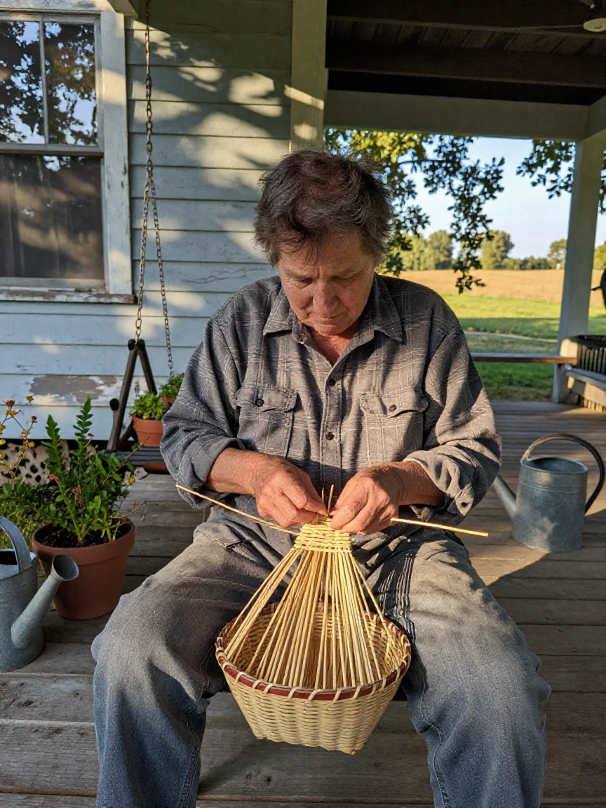 A basket weaver twists reeds into shape on the porch of a rural home.
