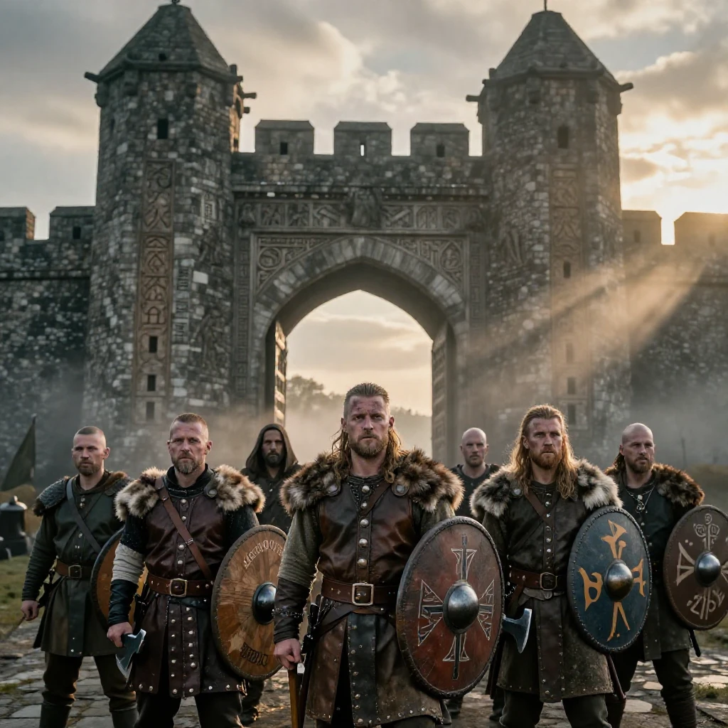 A crew of Viking explorers standing before the gates of an old walled city