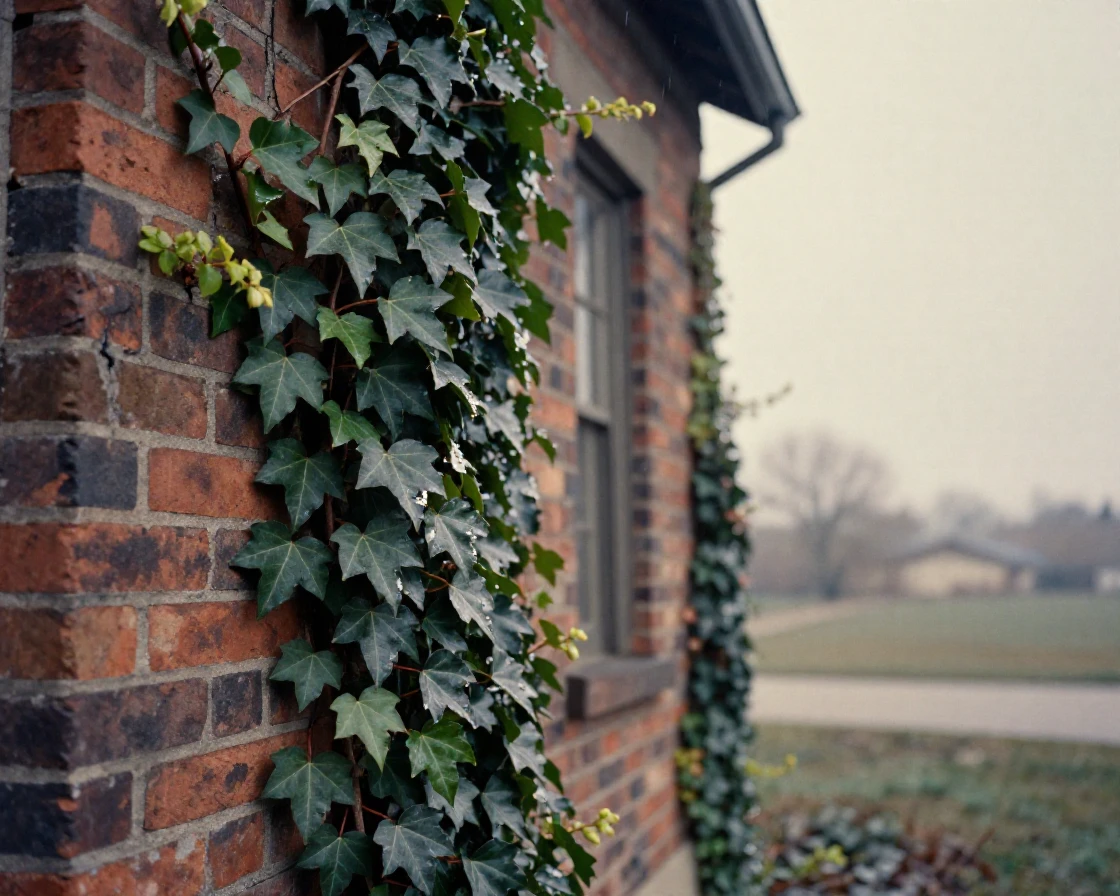 Ivy climbing steadily up the weathered brick wall of an old house, in the pale light just before sunrise, under a light drizzle, in the depths of winter, in earthy terracotta and ochre shades, from behind, looking toward the horizon.