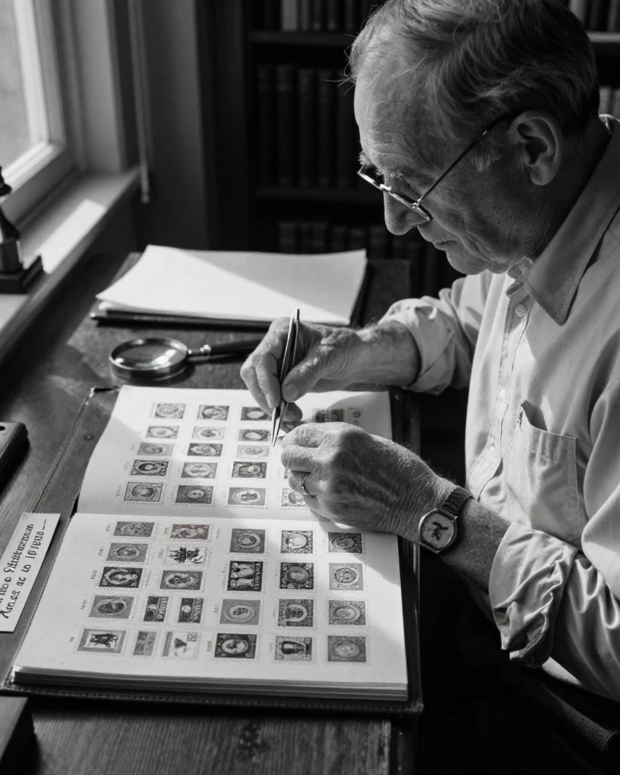 A stamp collector arranges a collection of rare stamps at a collector's desk.