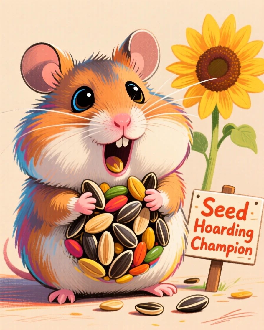 A tiny hamster stuffing its cheeks with sunflower seeds, cheeks comically puffed out.