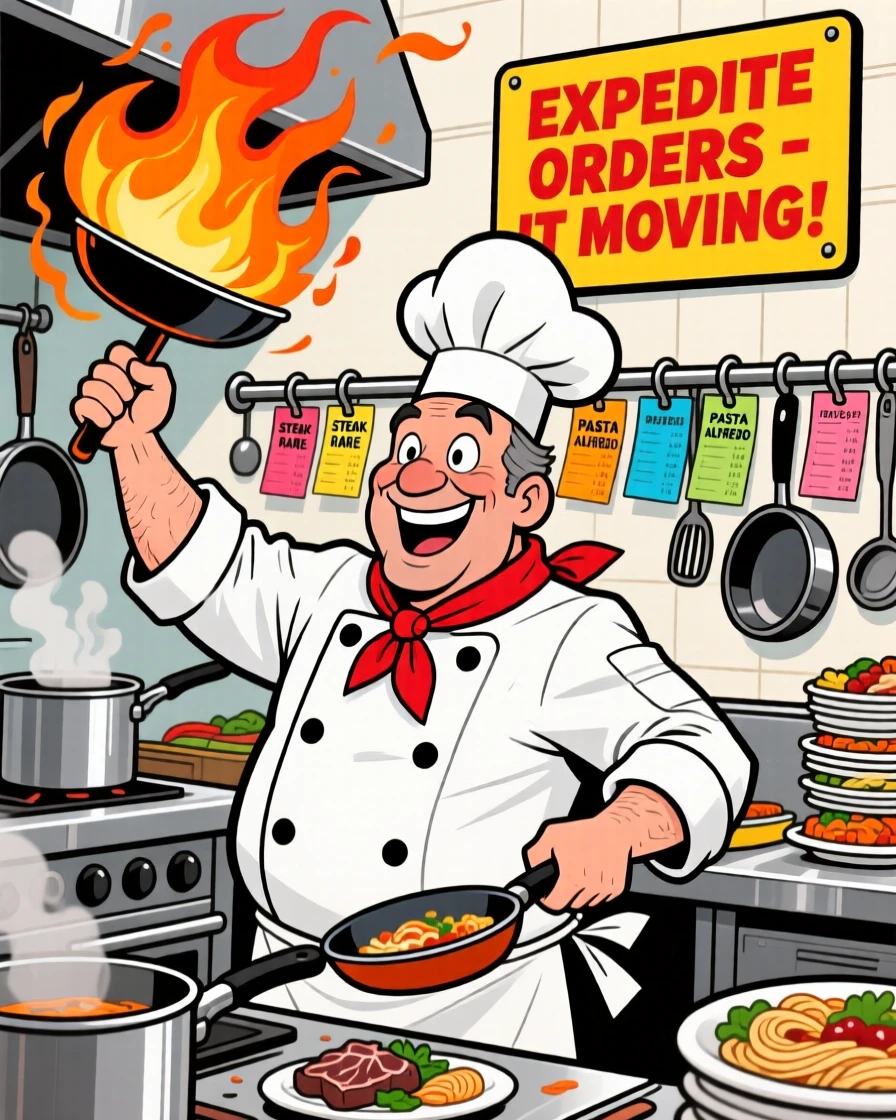 A vibrant profession-themed portrait of a busy chef expediting orders in a chaotic kitchen, flames leaping from a pan he tosses with flair.