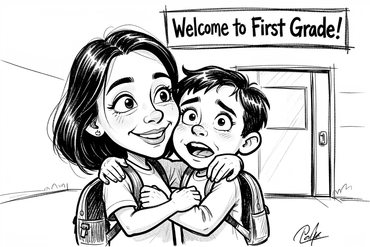 [Family & Relationship Moments] Heartwarming scene of a mother comforting a nervous child on the first day of school, radiating love and warmth