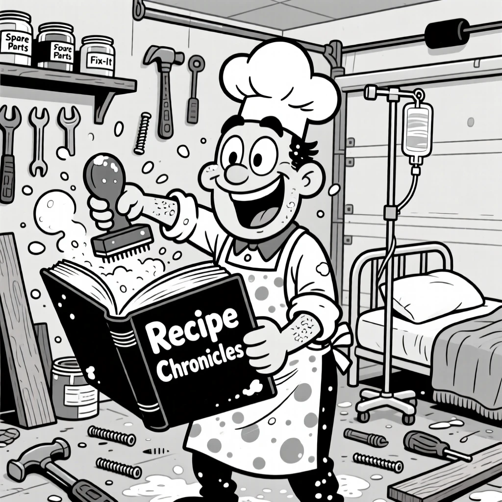 A cheerful baker dusted in flour, stamping a book with dramatic force, set in a garage full of scattered tools. An IV pole rattles softly beside the bed. The image captures dedication with a wink of playfulness.