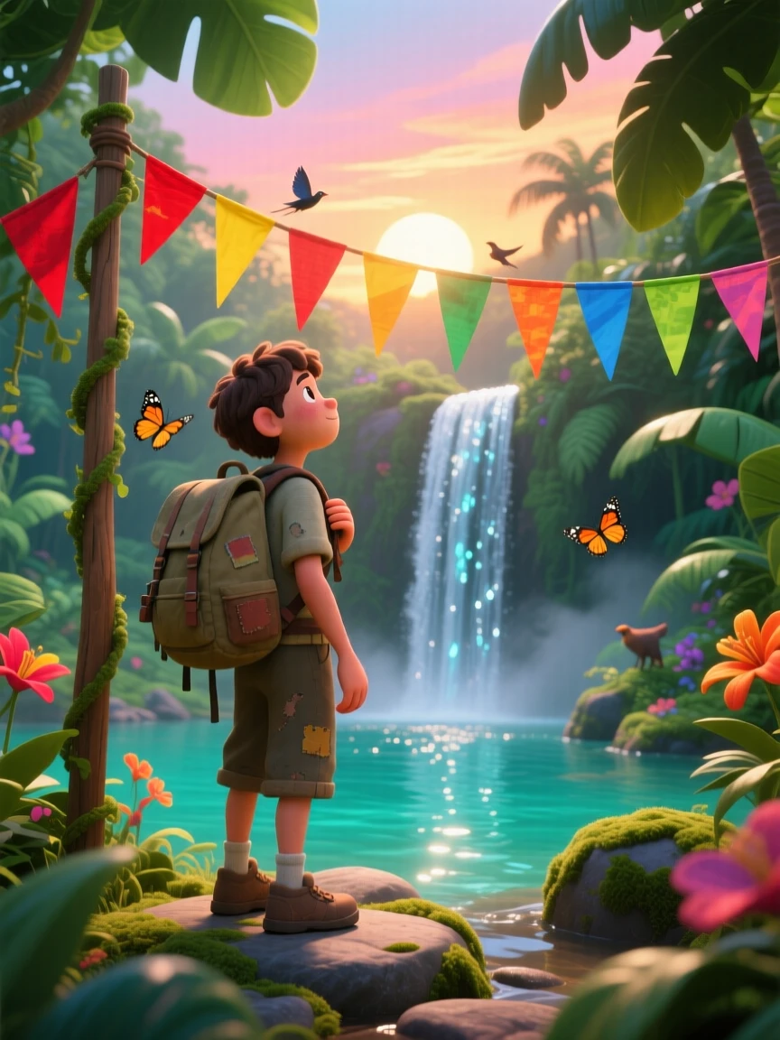 A lone traveler with a worn backpack stands beside a waterfall cascading into a jungle pool, watching the sun rise over the horizon. A warm sense of gratitude and wanderlust colors the moment, with colorful flags fluttering nearby.