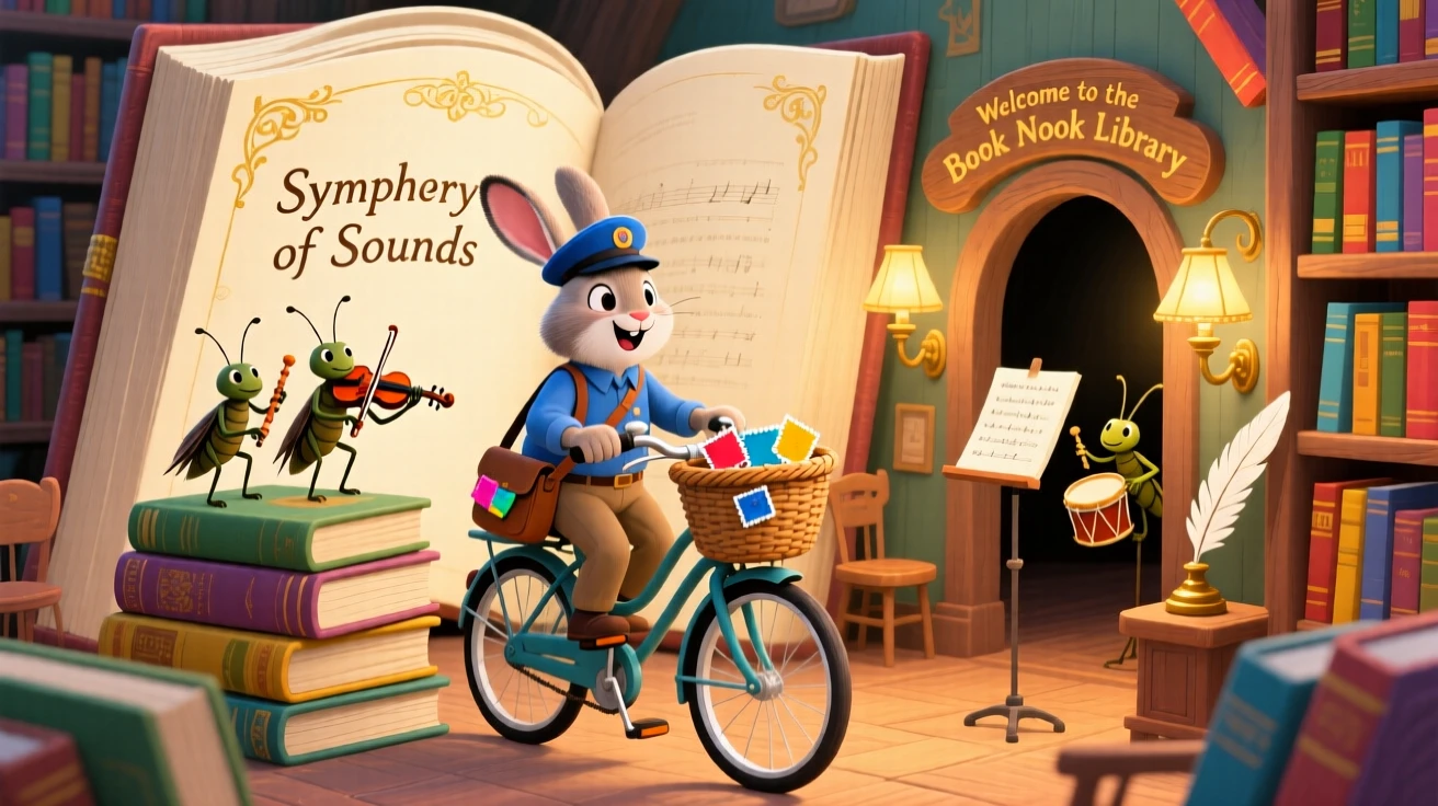 A rabbit postman on a bicycle delights in conducting an orchestra of chirping crickets, tucked within a library built inside an enormous book, with everything slightly too big or too small in a charming way.