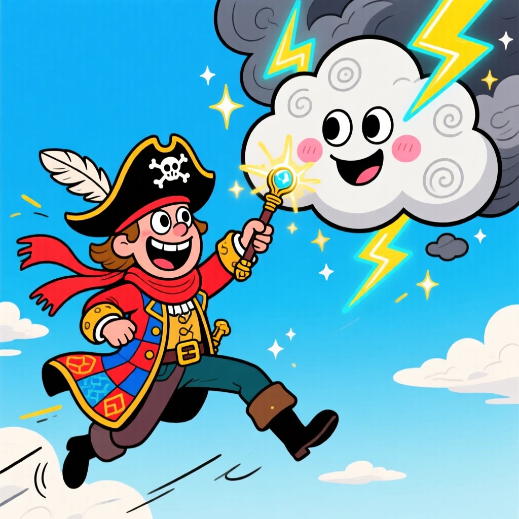 A sky pirate battling a friendly storm cloud with a wand.
