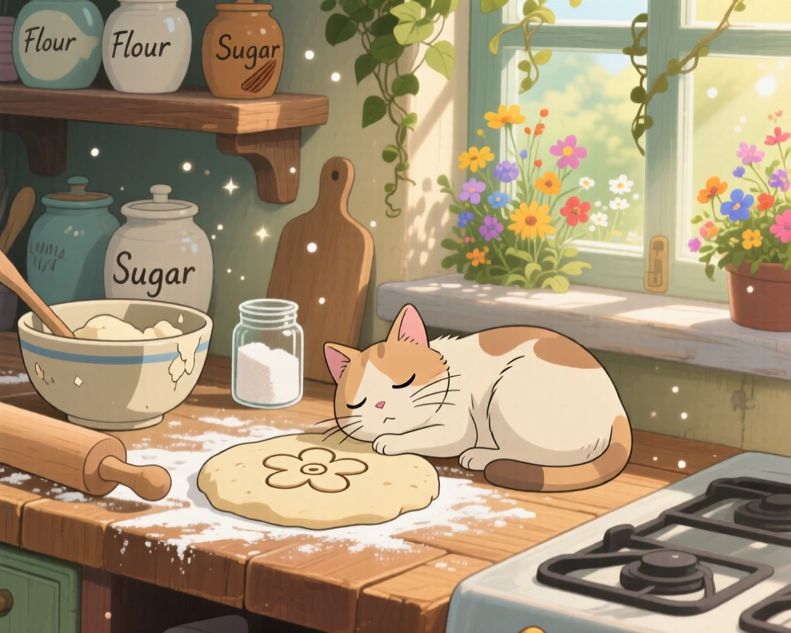 A warm, inviting scene of a kitchen counter dusted with flour mid-baking, with a cat dozing beside the display.