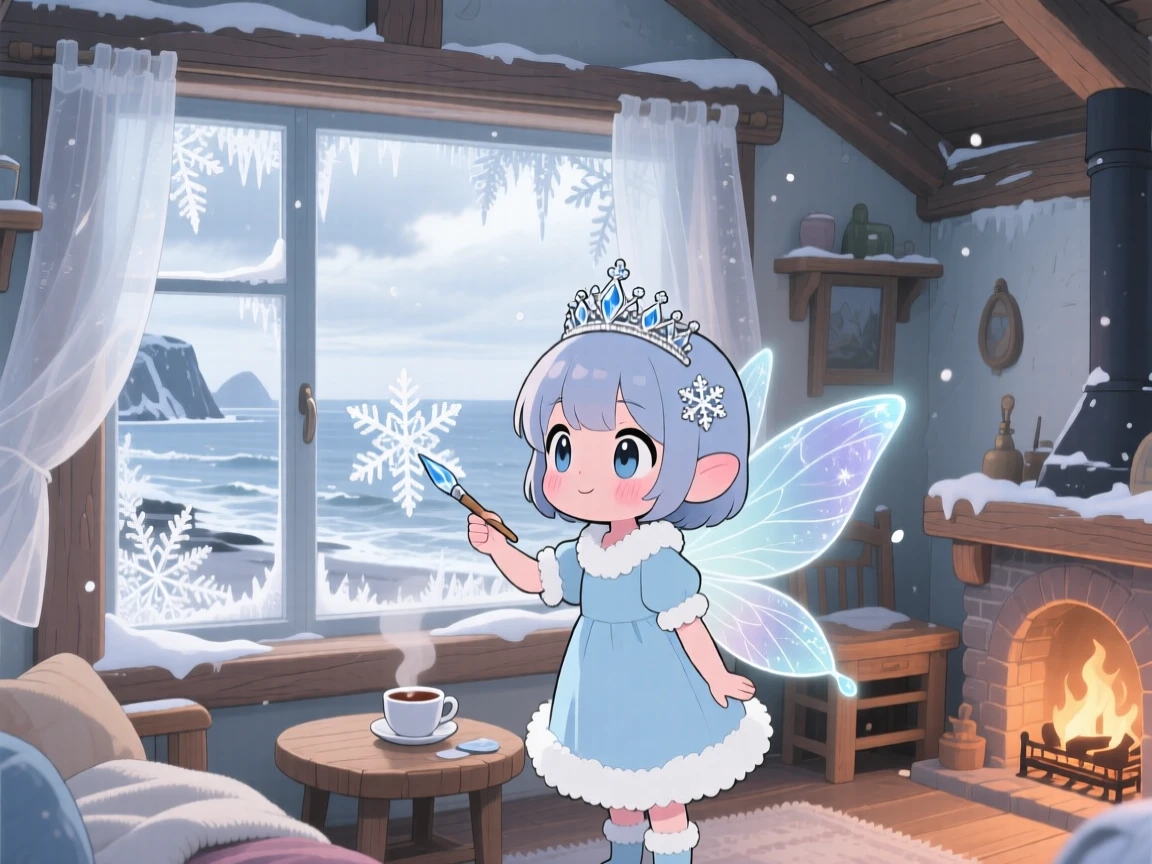 A snow fairy painting frost patterns on a windowpane in a frosty winter cottage on a breezy coastal afternoon; diffused overcast light washes over the scene as eager anticipation fills the moment. Wide establishing shot.