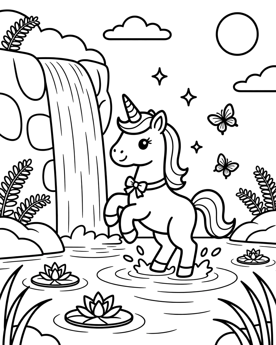 A baby unicorn splashing in a sparkling waterfall