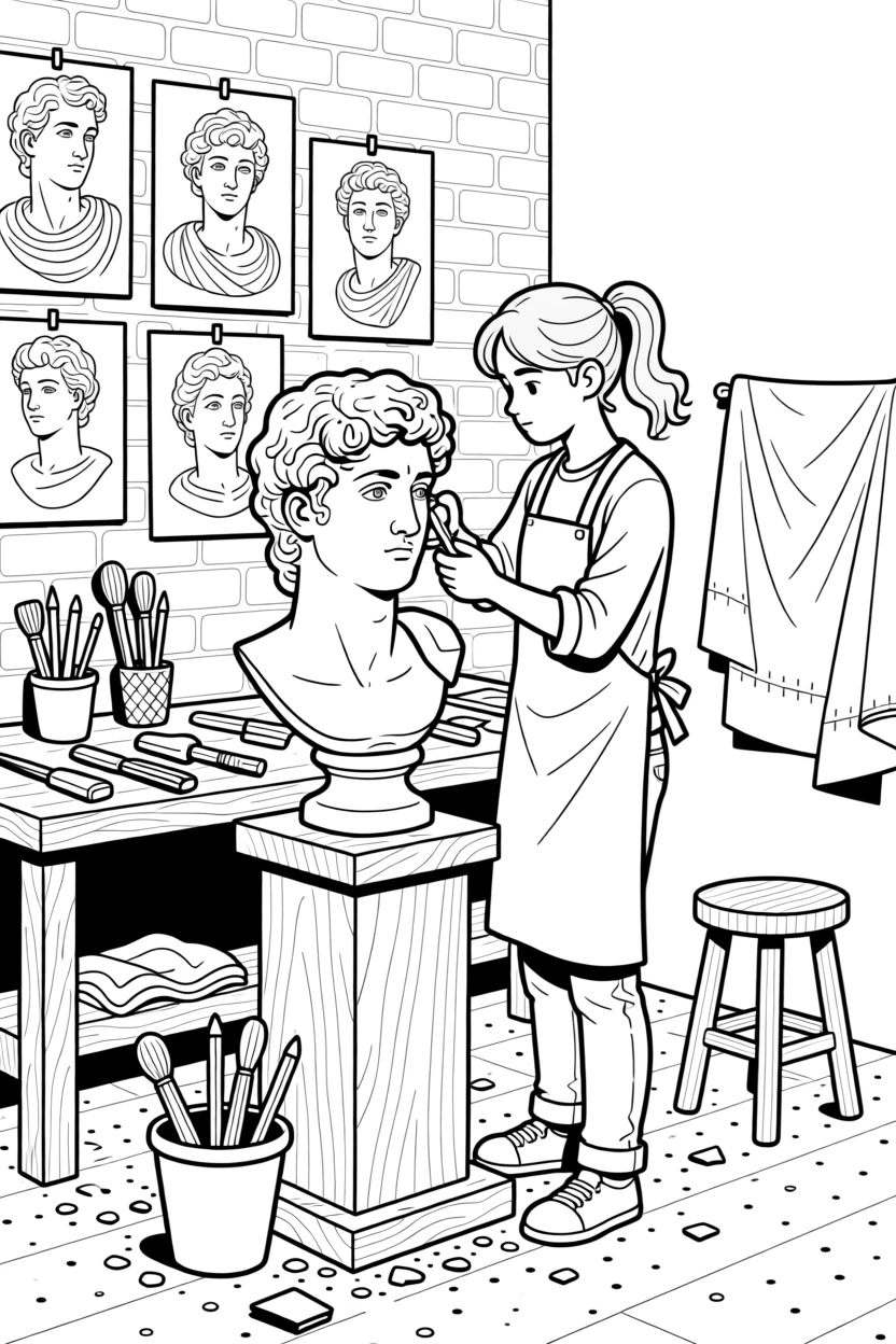 A sculptor chiseling detail into a marble bust, with sketches and reference photos pinned to the wall.