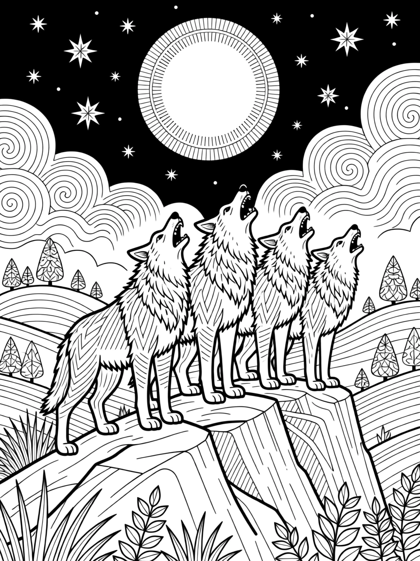 A wolf pack howling together on a moonlit ridge.