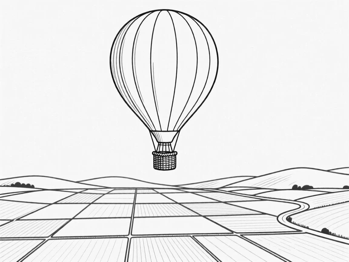 A hot air balloon drifting over a patchwork of farmland
