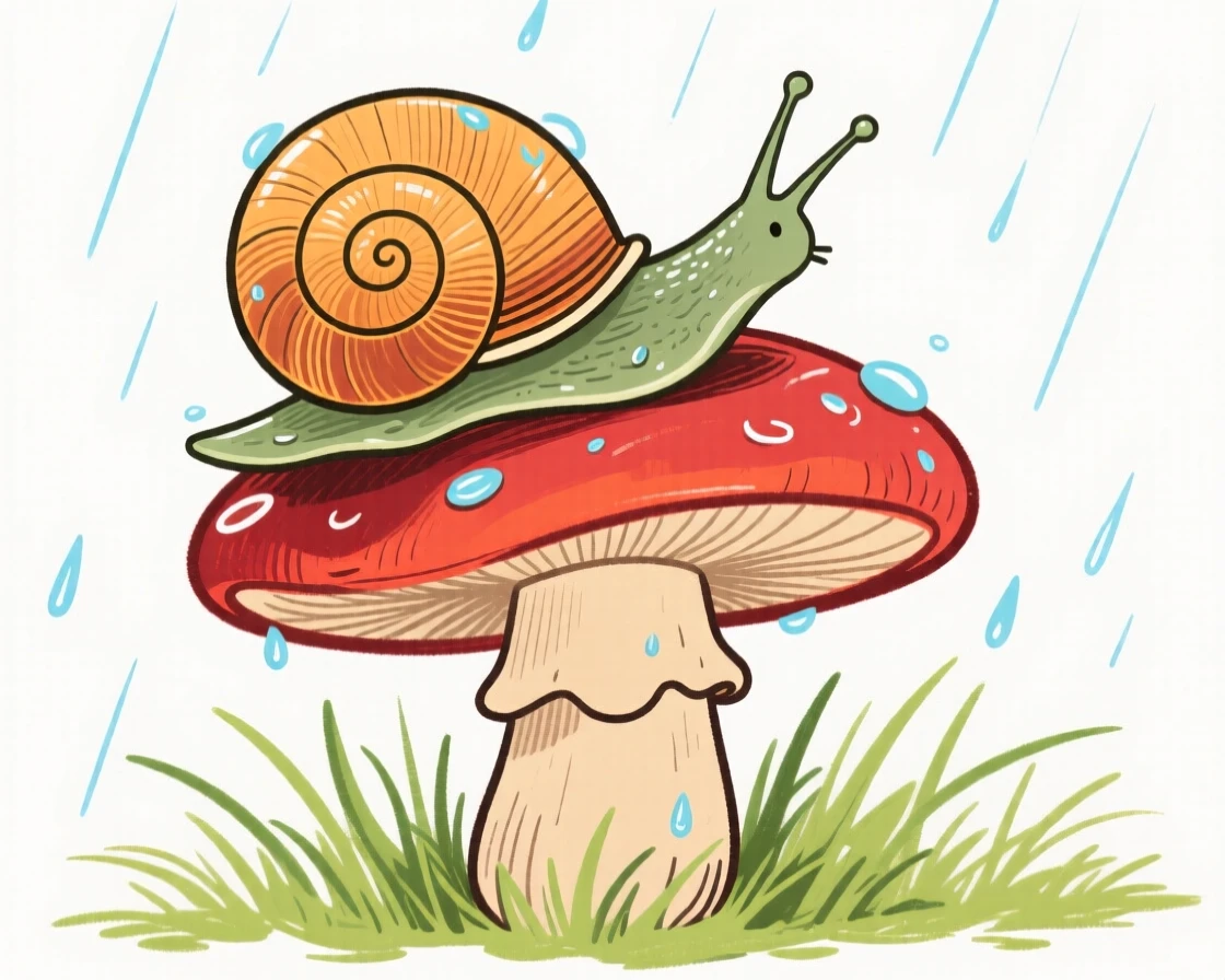 A snail resting on a mushroom after light rain.