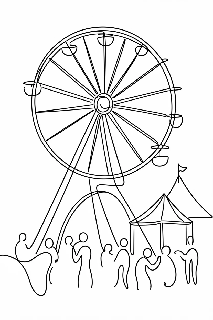 A summer county fair with a towering ferris wheel lit up at dusk