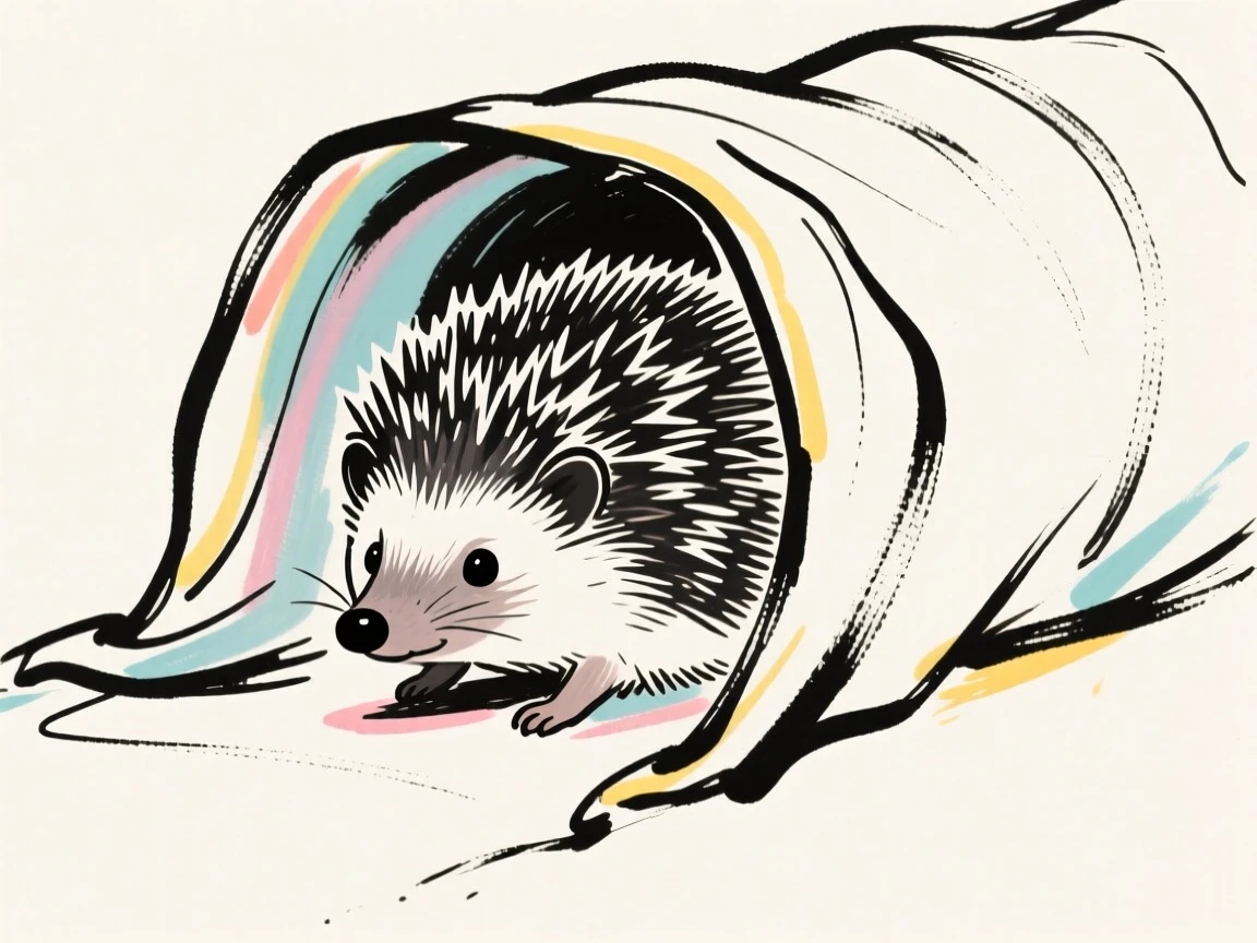 A pet hedgehog exploring a small tunnel made of fabric.