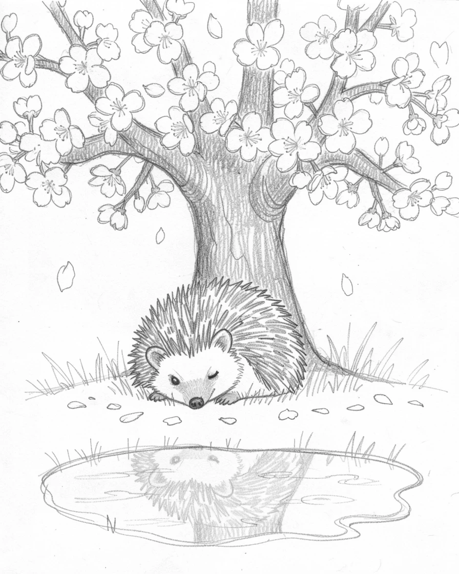 A heartwarming scene of a tiny hedgehog resting beneath a blooming cherry tree, with its reflection shimmering in a pond.
