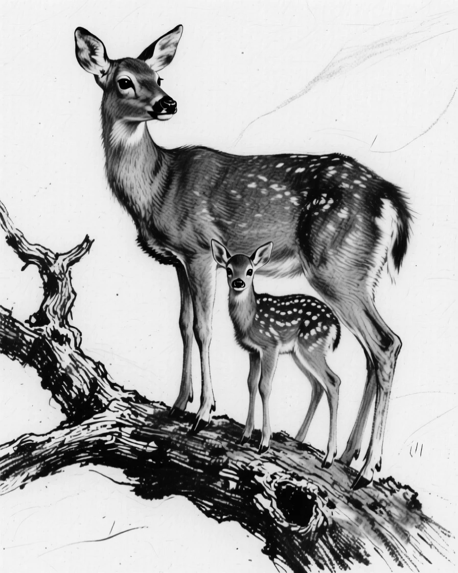 A deer and its fawn perched on a weathered tree branch.