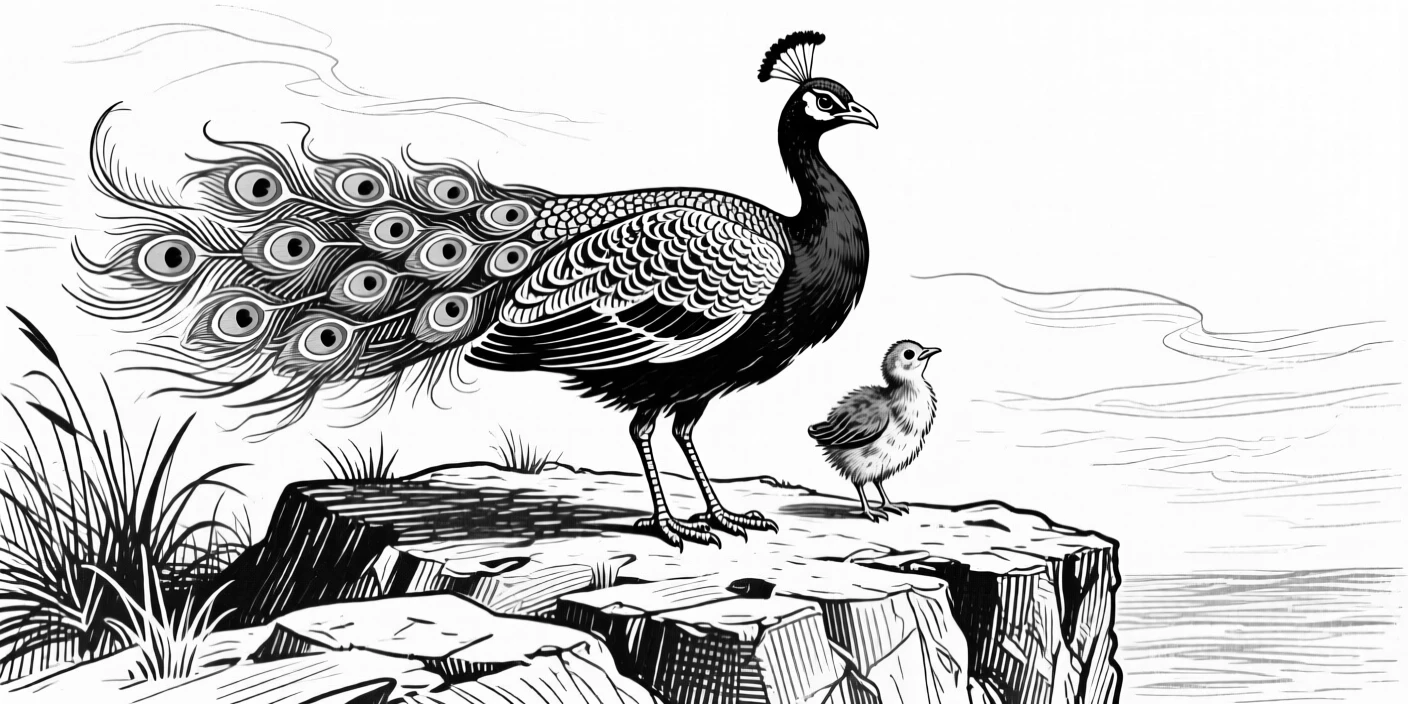 A perched peacock on a windswept cliff, with its young close beside it, capturing a gentle and endearing moment in nature with a strong, centered focal point.