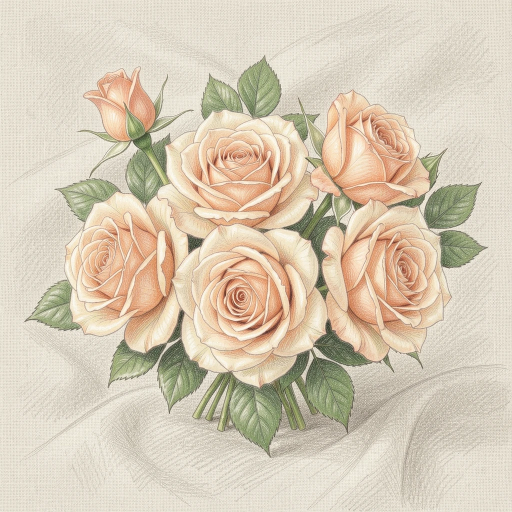 A bouquet of peach and cream garden roses on linen fabric, arranged with soft, natural asymmetry for an effortless look, evoking romance, elegance, and quiet beauty.