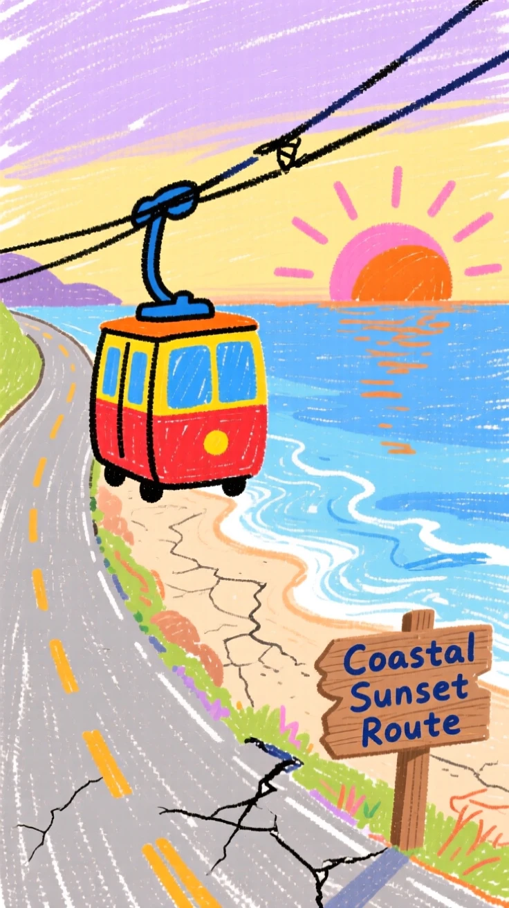 A cable car traveling along a coastal road at sunset.